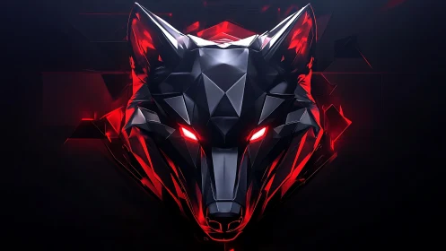 Crimson neon wolf mask glows in sharp geometric shadow.