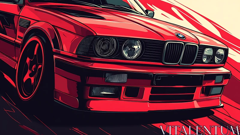 Red BMW sports coupe surges forward with stylized motion