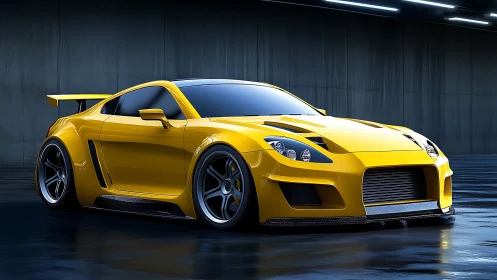 Yellow tuned sports coupe rendered in a dim garage environment