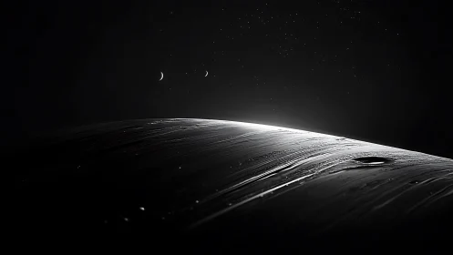 Illuminated planetary limb with crescent moons and cratered terrain.