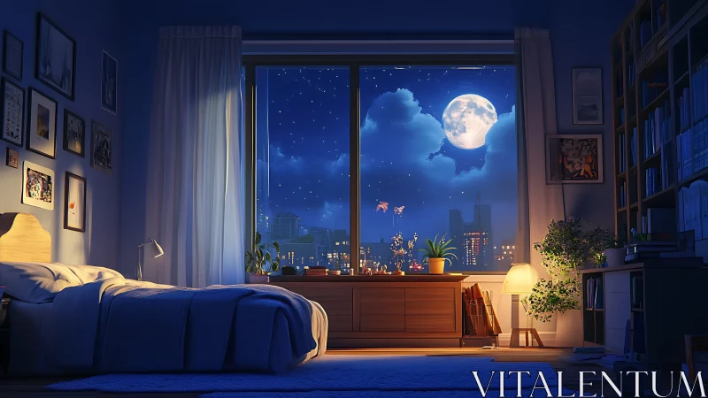 Night-lit bedroom interior frames detailed urban moonlit skyline