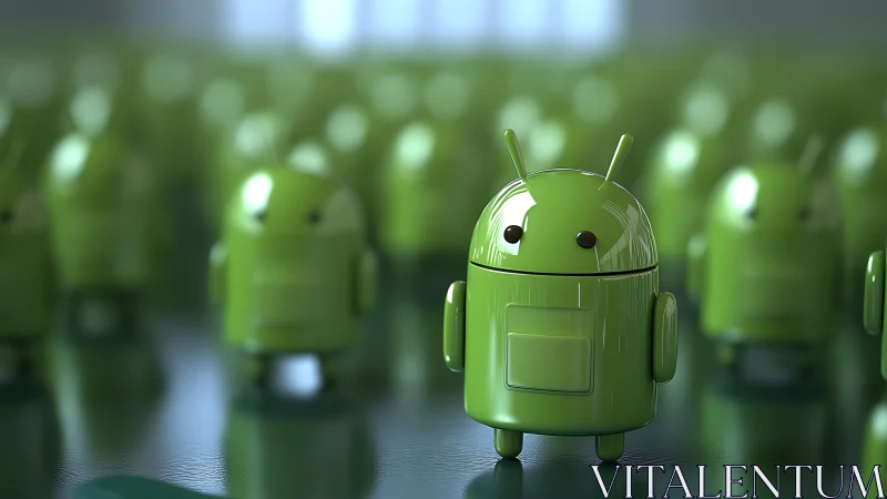 Glossy green android hero amid softly blurred robot crowd.