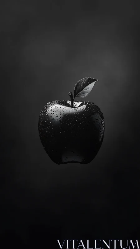 Black apple with water droplets floats against dark background