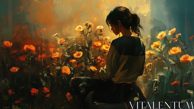 Side profile of seated girl among orange flowers at dusk.