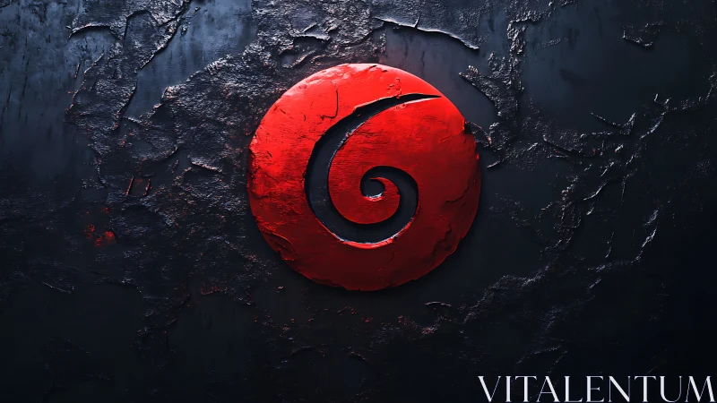 Molten crimson spiral sigil on scarred midnight wall.