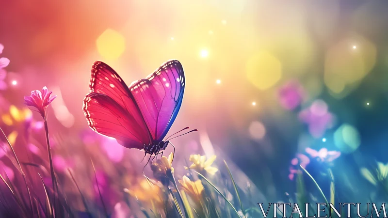 Vibrant pink butterfly resting in a glowing flower meadow.