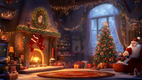 Santa figure in decorated Christmas living room interior.