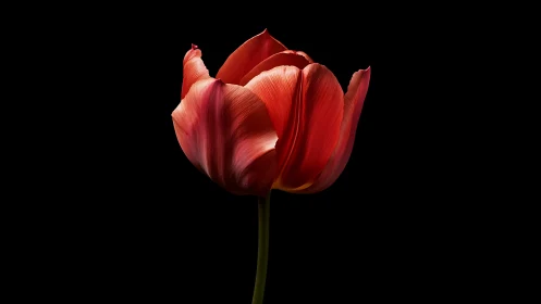 Radiant Red Tulip Against Black Darkness.