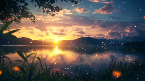 Digital lake horizon captures low sun and reflective water