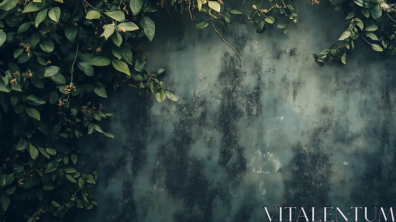 Climbing foliage on weathered teal wall with moody patina.