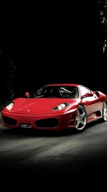 Red supercar on dark road with dramatic spotlighting setup.