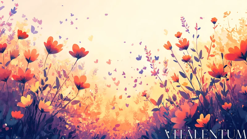 Digital floral field under diffuse warm light at dusk.