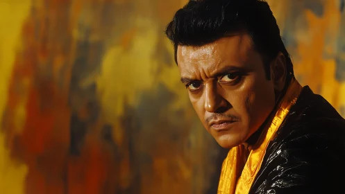 Intense male portrait under warm directional cinematic lighting.