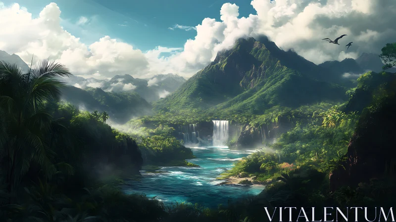 Verdant mountain sanctuary with cascading river falls.