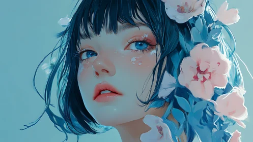 Dreamy blue haired girl framed by soft pastel flowers.