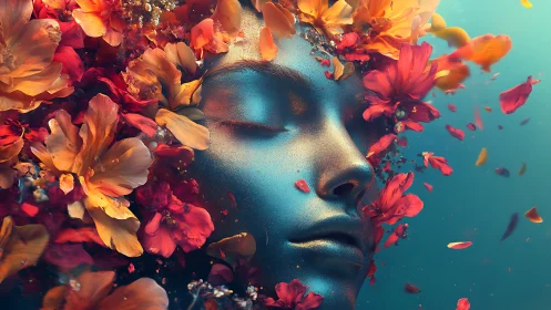 Iridescent metallic face immersed in vivid floral explosion.