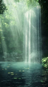 Sunlit rainforest waterfall pours into a tranquil emerald pool