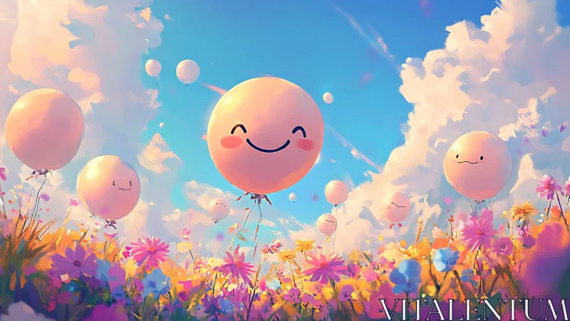 Smiling round balloons float above dense wildflower field