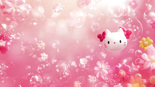 Kawaii cat head floats among glossy bubbles and flowers