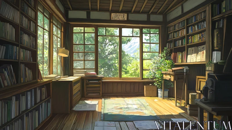 Sunlit wooden study with bookshelves and garden view.