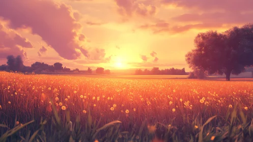 Sunlit wildflower field under glowing sunset sky.