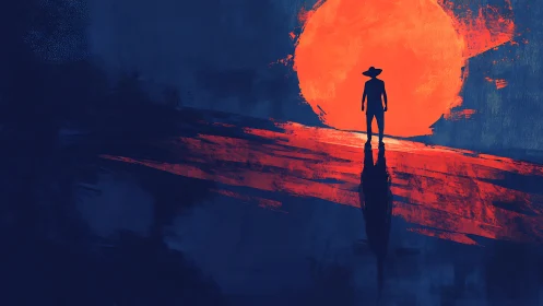 Silhouetted wanderer before oversized red solar disc.