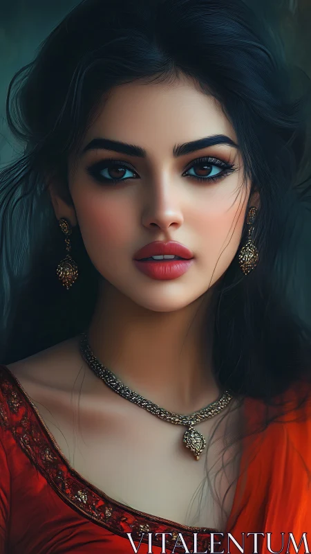 Radiant portrait of woman in red sari with ornate jewelry.