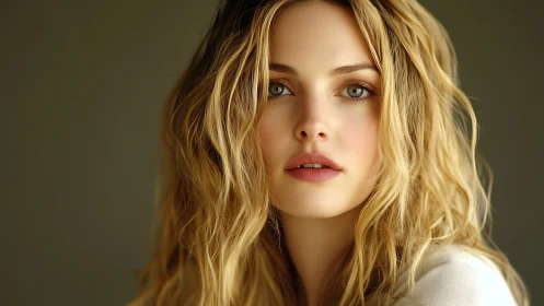 Portrait of young woman with wavy blonde hair and calm gaze.