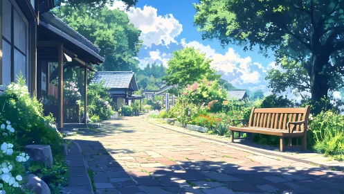 Sunlit village path beside wooden bench and flowering gardens
