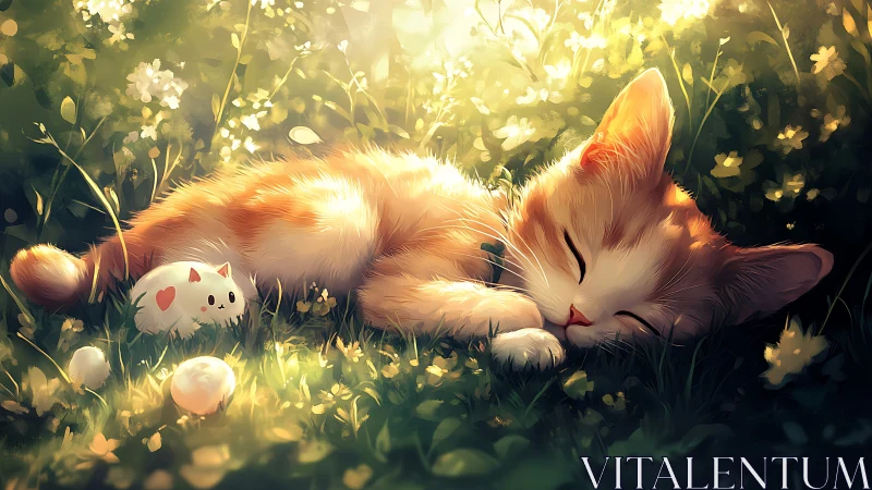 Ginger feline with white mascot figure in sunlit botanical setting.