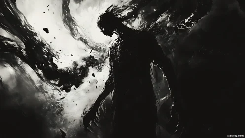 Shadowborn figure dissolves into swirling monochrome storm