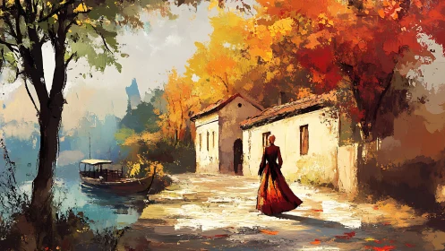 Woman walking by lakeside village under autumn foliage.