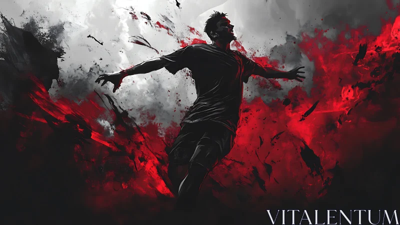 Dynamic footballer silhouette exploding through red storm.