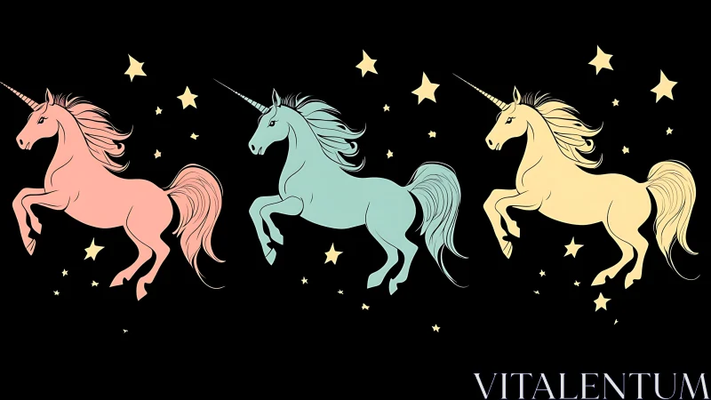 Starlit unicorn trio prances across midnight dreamspace.