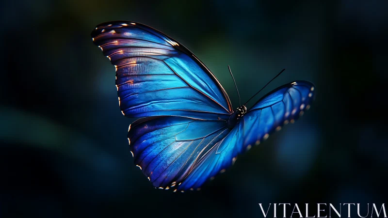 Blue morpho butterfly hovers in dark forest bokeh light
