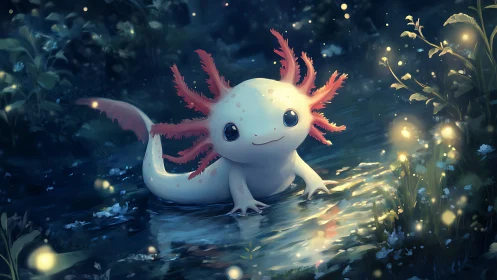 Moonlit axolotl wanders through a firefly-sparked forest pool.