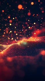 Glowing particle waves over dark abstract digital horizon.