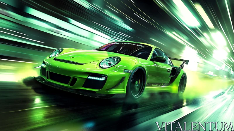 Neon green supercar ignites a light-tunnel night sprint.