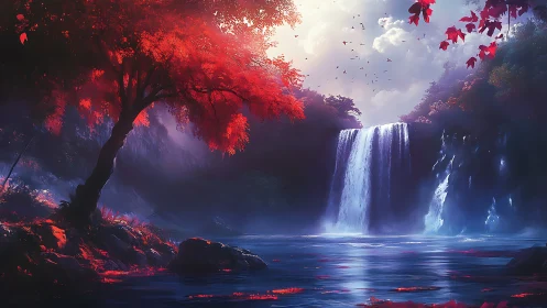 Crimson forest frames a luminous waterfall at twilight.