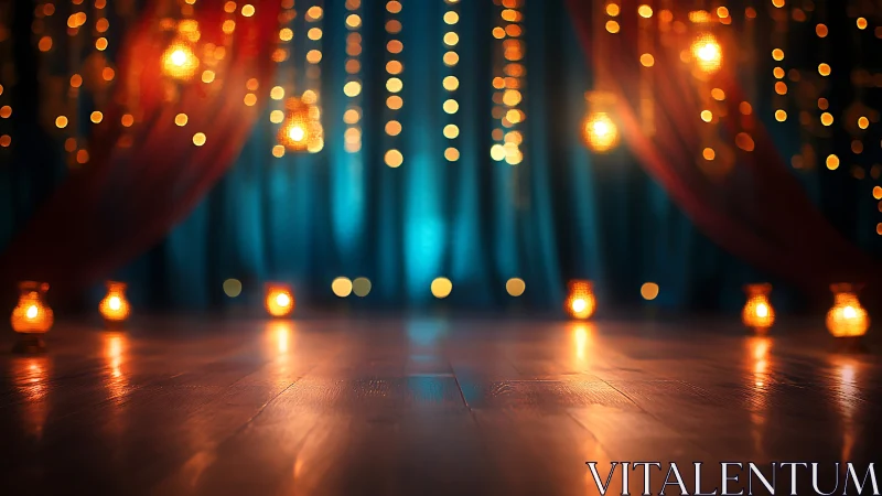 Warm bokeh stage glows against deep blue draped backdrop tonight