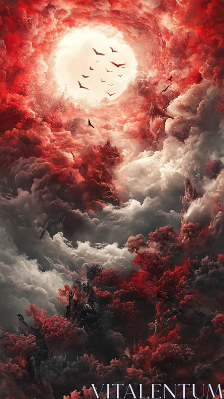 Fiery red sky opens above enchanted clouds and forest