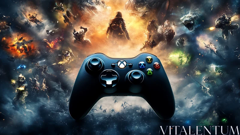 Xbox controller amid explosive cosmic gaming multiverse.