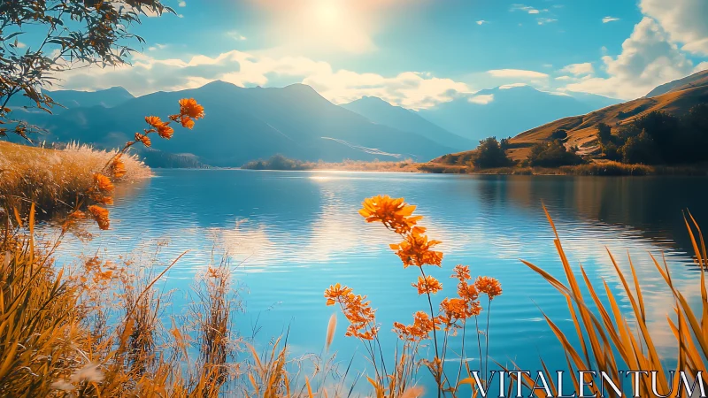 Sunlit alpine lake where golden wildflowers kiss the sky.