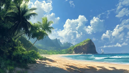 Tropical Paradise Beach with Lush Mountains and Sailboat
