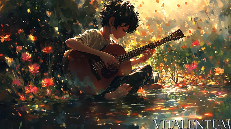 Person holds acoustic guitar while seated in shallow stream