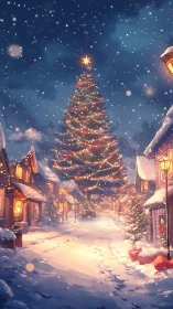 Snowy village street with towering lit Christmas tree.