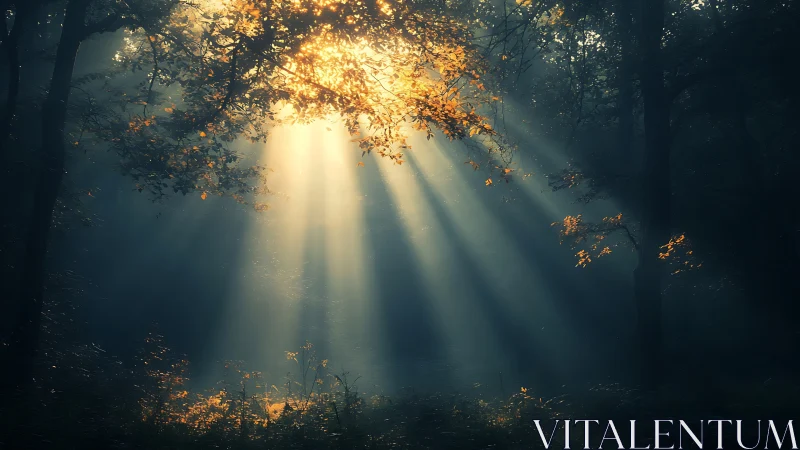Morning sunbeams piercing misty woodland canopy glow.
