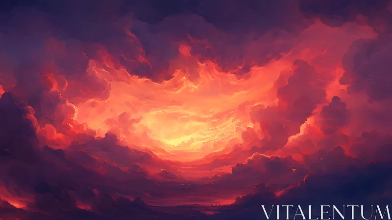 Fiery orange sunset clouds fill a dramatic digital sky