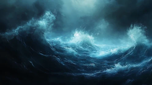 Turbulent ocean surface under dense storm cloud cover.