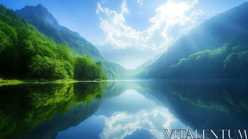 Mountain lake mirror reflection under bright morning light.